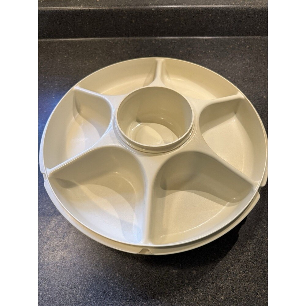 Vintage Tupperware Serving Center Tray Almond Beige 1665 Veggie Dip Platter Lid